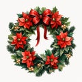 Festive wreath with red flowers berries and cones isolated on white background. Christmas decorations Royalty Free Stock Photo