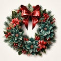 Festive wreath with red flowers berries and cones isolated on white background. Christmas decorations Royalty Free Stock Photo