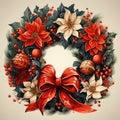 Festive wreath with red flowers berries and cones isolated on white background. Christmas decorations Royalty Free Stock Photo