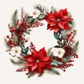 Festive wreath with red flowers berries and cones isolated on white background. Christmas decorations Royalty Free Stock Photo