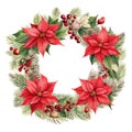 Festive wreath with red flowers berries and cones isolated on white background. Christmas decorations Royalty Free Stock Photo