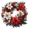 Festive wreath with red flowers berries and cones isolated on white background. Christmas decorations Royalty Free Stock Photo