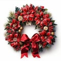 Festive wreath with red flowers berries and cones isolated on white background. Christmas decorations Royalty Free Stock Photo