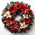 Festive wreath with red flowers berries and cones isolated on white background. Christmas decorations Royalty Free Stock Photo