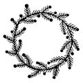 Festive wreath of spruce branches and holly berries. Hand drawn vector icon. Doodle isolated on white background. Pine twigs with Royalty Free Stock Photo