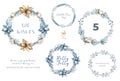 Holiday wreaths. Decoration christmas wreath circle set. Blue coloful watercolor leaves isolated illustration