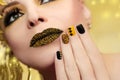 Festive yellow black manicure and makeup . Royalty Free Stock Photo