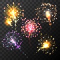 Festivecolored firework burst in various shapes sparkling pictograms set isolated on transparent dark background