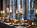 Blue and white Hanukkah banquet table, adorned with traditional symbols and elegance, interior view