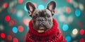 Festively Dressed, Adorable French Bulldog Brings Holiday Cheer Ugly Sweater Day, Copy Space