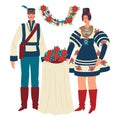 Festivities hungarian tradition, man woman couple in culture wedding clothes, vector illustration. Romanian serbian