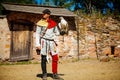 Festivities of Pernstejn Manor, medieval fair, falconer performance, bird of prey, man in historical costume, Reconstruction,