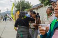 Festivity of the crosses for carnivals, several people dancing and local musicians, Shupluy, Ancash - Peru. February 2023