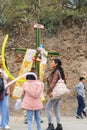 Festivity of the crosses for carnivals, several people dancing and local musicians, Shupluy, Ancash - Peru. February 2023