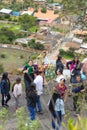 Festivity of the crosses for carnivals, several people dancing and local musicians, Shupluy, Ancash - Peru. February 2023