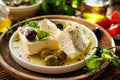 Feta cheese with olive oil and olives, seasoned with Feta cheese with olive oil and olives, seasoned with herbs on a ceramic plate Royalty Free Stock Photo