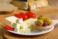 Feta cheese, olives and tomatos on a plate Royalty Free Stock Photo