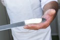 Feta cheese production knife cutting Royalty Free Stock Photo