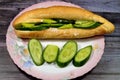 Feta white cheese with slices of fresh cucumbers and green peppers in a Long sesame bun bread, a fresh baked loaf of bread French