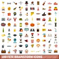 100 fete brainstorm icons set, flat style