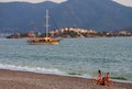 FETHIYE, TURKEY - June, 2019: Calis Beach on the Aegean Sea Royalty Free Stock Photo