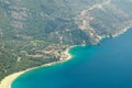 Fethiye, Turkey - Panoramic view Belcekiz Beach. Oludeniz, Blue Lagoon Fethiye from air or drone. Mediterranean coast Royalty Free Stock Photo