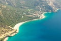 Fethiye, Turkey - Panoramic view Belcekiz Beach. Oludeniz, Blue Lagoon Fethiye from air or drone. Mediterranean coast Royalty Free Stock Photo