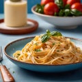 Fettuccine Alfredo pasta with cream sauce, traditional italian meal served on pastel blue plate