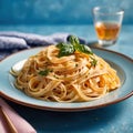 Fettuccine Alfredo pasta with cream sauce, traditional italian meal served on pastel blue plate