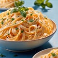 Fettuccine Alfredo pasta with cream sauce, traditional italian meal served on pastel blue plate
