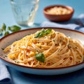 Fettuccine Alfredo pasta with cream sauce, traditional italian meal served on pastel blue plate