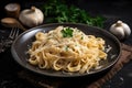 Fettuccine Alfredo Vegetarian, Top View. Generative AI Royalty Free Stock Photo