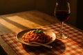 Fettuccine and Chianti in golden sunset light â AI generated Royalty Free Stock Photo