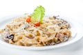 Fettuccine with chicken and mushrooms, lettuce and tomato