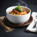 Fettuccine pasta in a dark dish with beef ragout sauce AI GENERATED