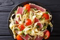 Fettuccine Pasta with Fried Tuna Steak in Sesame and Vegetables Royalty Free Stock Photo