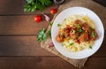 Fettuccine Pasta with meatballs in tomato sauce. Royalty Free Stock Photo