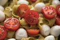 Fettuccine pasta with pesto, mozzarella and cherry tomatoes in black bowl closeup