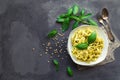 Fettuccine pasta with pesto sauce Royalty Free Stock Photo