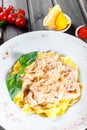 Fettuccine pasta with seafood, squid rings, shrimp, mussels, oysters, tomato, parmesan cheese, basil Royalty Free Stock Photo