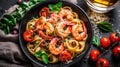 Fettuccine pasta with shrimp tomatoes and herbs. Top view Royalty Free Stock Photo