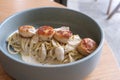 Fettuccine spaghetti with scallop truffle cream sauce. Traditional authentic Italian pasta with Truffle Cream sauce and Grilled