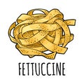 Fettuccine. Vector vintage engraving color illustration isolated on white background. Royalty Free Stock Photo