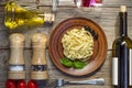 Fettuccine, wine, Vegetarian dinner, lunch, sauce, cheese, tasty, vegetarian, restaurant, food, gourmet Royalty Free Stock Photo