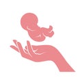 Fetus on mother palm, baby birth and childcare concept, embryo and hand of woman