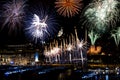 Marseille Harbour Fire Works with Notre Dame de la Garde Royalty Free Stock Photo