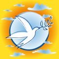 Bird with Olive Branch - Symbol of Peace - Blue Circle Background - Clouds and Sunset Vibrant Colors