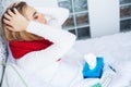 Fever And Cold. Portrait Of Beautiful Woman Caught Flu, Having Headache And High Temperature. Closeup Of Ill Girl Royalty Free Stock Photo