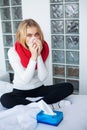 Fever And Cold. Portrait Of Beautiful Woman Caught Flu, Having Headache And High Temperature. Closeup Of Ill Girl Royalty Free Stock Photo