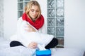 Fever And Cold. Portrait Of Beautiful Woman Caught Flu, Having Headache And High Temperature. Closeup Of Ill Girl Royalty Free Stock Photo